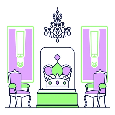A delicate glass case is positioned on a polished wooden pedestal in the center of a grand palace room. Inside the case, a royal crown embellished with intricate designs is displayed prominently. The crown features multiple settings for gemstones, each representing different symbols of royalty. The background showcases ornate tapestries hanging on the walls, and a large chandelier with multiple crystals is suspended from the ceiling, casting soft light onto the crown. Elegant armchairs are arranged in pairs along the sides of the room, adding a sense of opulence to the scene.
