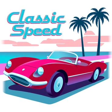 A vintage sports car with a streamlined silhouette and rounded edges, showcasing bright red paint and chrome accents. The car has large, shiny wheels with whitewall tires and a leather interior visible through the open windows. The background features a sun-soaked coastal road with palm trees swaying gently in the breeze. Above the car, the phrase "Classic Speed" is prominently displayed in bold, classic typography, evoking a sense of nostalgia and adventure. The scene captures the essence of a leisurely drive along the oceanfront, with the sky painted in warm hues of orange and pink at sunset.