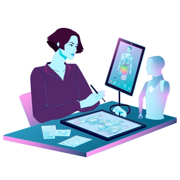 A fashion designer with light skin and short brown hair is focused on their work. They are sitting at a sleek, modern desk, utilizing a large graphic tablet. The screen displays intricate designs of futuristic clothing with vibrant colors and unique patterns. The designer has a stylus in hand, making detailed adjustments to a digital garment. Surrounding them are sketches, fabric swatches, and 3D models of clothing, showcasing the creative process. A soft glow emanates from the tablet, illuminating their concentrated expression.