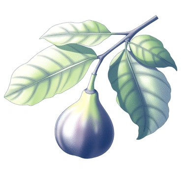 A ripe fig hanging from a branch of a lush tree. The fig is plump and textured, showing its natural form and sheen. The branch is adorned with vibrant green leaves, each with distinct veining. Sunlight filters through the canopy, creating a pattern of light and shadow on the fig and leaves. The scene conveys a sense of natural abundance and growth.