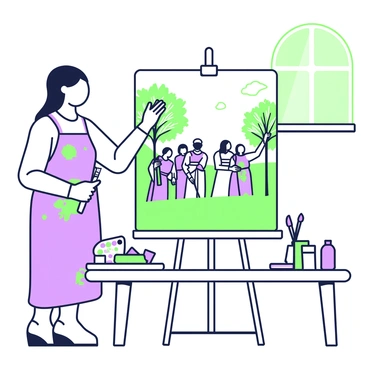 An artist is standing in their studio, focused on painting a scene for Palm Sunday on a large canvas. The artist has shoulder-length hair tied back and is wearing an apron splattered with paint. The canvas depicts a group of people holding palm branches, each person wearing traditional clothing. In the background, there are leafy trees and a bright sky. The artist is holding a green paintbrush in their right hand, while their left hand rests on the edge of the canvas. A palette with various colors is placed on a nearby table, along with jars of brushes and tubes of paint. A beam of light enters through a window, illuminating the area around the artist and the canvas.
