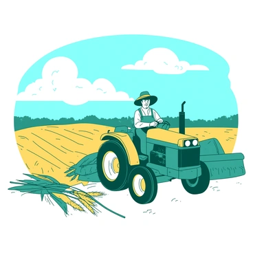 A teal farmer is harvesting a field of golden wheat using a large yellow tractor. The farmer is wearing a wide-brimmed hat and overalls, focused on the task. The wheat sways gently in the breeze, and there are scattered golden stalks lying on the ground. Above, the September sky is bright, filled with white fluffy clouds. The sun casts soft shadows across the field, highlighting the texture of the wheat.