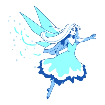A fairy with translucent icicle wings is soaring gracefully through the air. Her wings shimmer with light, reflecting hues of white and blue. As she flies, she leaves a delicate trail of frost that sparkles like diamonds in the sunlight. The fairy has flowing, silvery hair that dances behind her, and she wears a gown made of shimmering frost crystals. Small snowflakes gently swirl around her, adding to the enchanting scene. The atmosphere is filled with a wintry magic.