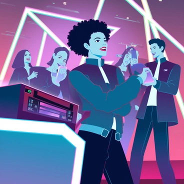 A guest with medium skin and curly black hair is standing near a sleek, futuristic music system at a lively party. They are wearing a stylish, metallic jacket and holding a tablet in one hand. The room is filled with colorful LED lights that flicker to the beat of the music. People around them are dancing and laughing, creating a dynamic atmosphere. The guest is focused on selecting a new playlist, with a look of excitement on their face as the current song nears its end.