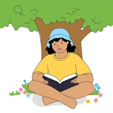 A young person with medium skin tone and curly hair is sitting cross-legged under a large, leafy green tree. They are wearing a light blue cozy bucket hat that contrasts with their casual yellow t-shirt. In their hands, they hold an open book, engrossed in reading. The sunlight filters through the tree leaves, casting playful shadows on the ground. A few colorful flowers are scattered around the base of the tree, enhancing the lively atmosphere.