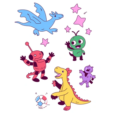 A white doodle page is filled with various characters and creatures. The page features a blue dragon flying in the top left corner, with its wings stretched wide and a playful expression. To the right, there is a green alien with large eyes and a smile, standing next to a small purple creature with short legs and an excited posture. In the center, a red robot with antennae is waving, surrounded by pink stars and abstract shapes. Below, a yellow dinosaur with large feet and a cheerful demeanor is playing with a bouncy ball. Each character is intricately detailed, showcasing their unique features and personalities.