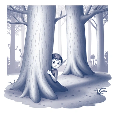 A forest elf with pointed ears is partially hidden behind a large, textured tree trunk. The elf's delicate features are visible, showcasing an expression of curiosity. Surrounding the elf is an enchanted forest filled with tall, slender trees that have intricate bark patterns. The ground is covered with soft moss and scattered leaves. Dappled light filters through the dense canopy above, creating a play of shadows around the elf. In the background, hints of fantastical plants with unusual shapes can be seen, enhancing the magical atmosphere of the scene.