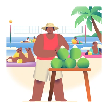 A vendor with medium brown skin is standing on a busy beach, selling fresh coconuts. He is wearing a bright red tank top and beige shorts, with a straw hat perched on his head. In front of him is a wooden table filled with several green coconuts, piled high. The beach is bustling with people; some are sunbathing on colorful towels, while others are playing beach volleyball in the background. The ocean waves gently lap at the shore, and a few palm trees sway in the warm breeze. Sunlight casts shadows on the sand, highlighting the vibrant scene.
