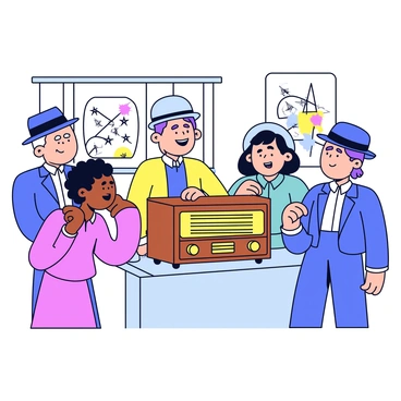 A historical scene featuring a group of people gathered around a vintage radio. The radio is a classic wooden model with round knobs and a front speaker grille. The individuals are dressed in 1940s attire, including hats and dresses, signifying the era. They are intently focused on the radio, with expressions of curiosity and anticipation. In the background, there are period-appropriate decorations, such as posters and furniture that reflect the time, enhancing the atmosphere of the significant event being broadcasted.