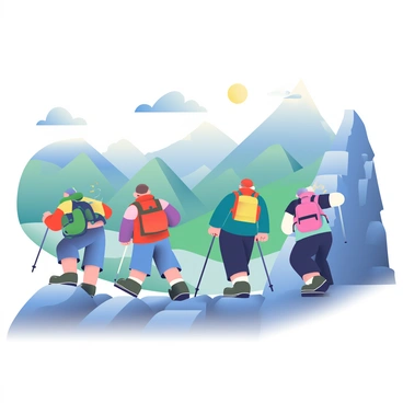 A group of four hikers is ascending a majestic mountain. Each hiker is wearing colorful outdoor gear, including jackets in shades of blue, green, and red. One hiker has a large backpack and is using trekking poles for support. The mountain is rugged and steep, with rocky terrain. In the background, there are sweeping views of green valleys and distant peaks touching the sky. A few wispy clouds float above, adding texture to the vast landscape. The sun is shining brightly, casting shadows on the ground, highlighting the hikers' path.