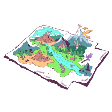 A white map is spread out, featuring various fantasy worlds depicted in intricate detail. Each world is bordered by a thin teal line. In one section, there are towering mountains with colorful dragons soaring above them. In another area, a lush, vibrant forest is filled with whimsical creatures, including fairies and unicorns. A sparkling river winds through a valley, with mermaids playing in the water. Across the map, different terrains such as deserts, enchanted castles, and mysterious caves are shown, each populated with unique magical beings. Small labels indicate the names of these fantastical locations, written in an elegant font.