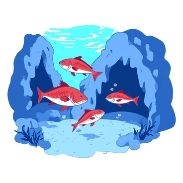 A group of redfish is swimming playfully near an underwater cave. The redfish are varying in size and shape, some darting in and out of the shadows cast by the cave's entrance. Dappled sunlight filters through the water, illuminating the vibrant scales of the fish. Bubbles rise around them as they frolic in the clear blue water. The cave is rugged, with jagged rocks and patches of underwater plants surrounding it, creating a lively and dynamic underwater scene.