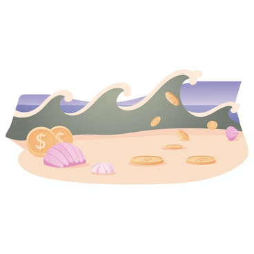 A digital flat illustration depicting ocean waves made of "glittering gold coins" crashing against a "sandy shore." The waves are depicted with a dynamic texture, showcasing the reflection of light on the coins, creating a shimmering effect. The sandy shore is a soft beige color with a few scattered seashells in varying shades of pink and white. In the background, a clear blue sky is visible, enhancing the warm tones of the scene. The composition captures the movement of the waves as they rise and fall, highlighting the abundance of coins within the water.