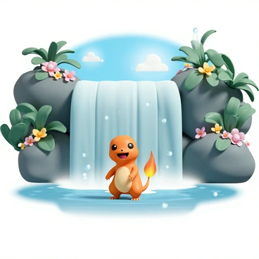 A small, orange Charmander, with its distinctive flame on the tip of its tail, is standing beneath a cascading waterfall in a tropical setting. The waterfall is surrounded by lush green foliage and vibrant tropical flowers. Water droplets glisten as they fall, creating a misty atmosphere around Charmander. The creature has a joyful expression, with its eyes closed and mouth open in a happy smile. The scene showcases the bright blue sky above, and sunlight filtering through the leaves, casting playful shadows on the ground.