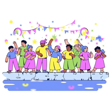 A riverbank filled with people celebrating "Holi". Individuals are wearing vibrant traditional clothing in shades of pink, yellow, green, and blue. Some people are throwing colored powders into the air, creating a rainbow of colors. Others are laughing and dancing near the water's edge. The colors are reflecting in the surface of the water, creating a beautiful display. There are festive decorations, such as colorful banners and flower garlands, enhancing the joyful atmosphere of the celebration.