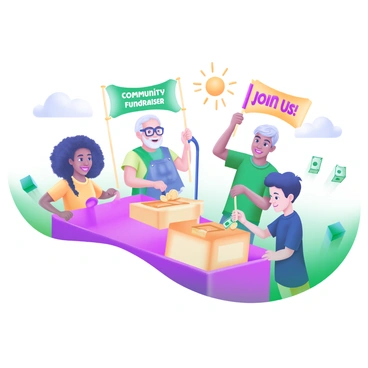 A modern pastel illustration depicting a diverse group of people actively organizing a community fundraiser. There are individuals of various ethnicities, including a woman with curly hair and glasses, an elderly man with a cane, and a young boy holding a colorful banner. The scene is filled with "colorful banners" that read "Community Fundraiser" and "Join Us!" in bold lettering. Several "donation boxes" are placed prominently, with people placing coins and bills into them. In the background, a few trees and a sunny sky enhance the cheerful atmosphere of the event.