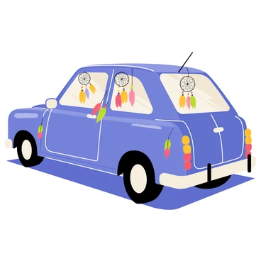 A car with a shiny blue exterior is parked on a sunny street. The car is decorated with several dreamcatchers hanging from the rearview mirror, each featuring intricate web designs and beads. Colorful feathers in vibrant shades of red, yellow, and green are draped around the side mirrors and attached to the door handles. The wheels are shiny and black, contrasting against the bright colors of the decorations. The car's windows are slightly tinted, allowing a glimpse of the interior, which has a bohemian feel.