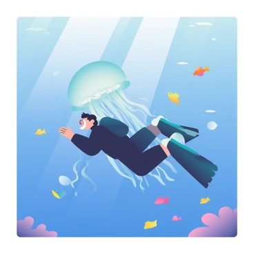 A scuba diver with dark hair and wearing a black wetsuit is floating in the clear blue ocean water. The diver is positioned in front of a large, translucent jellyfish that has long, flowing tentacles. The jellyfish is illuminated by beams of sunlight filtering through the water's surface, showcasing its delicate, pulsing body. The background features a few small coral formations and schools of colorful fish swimming nearby, adding to the vibrant underwater scene.