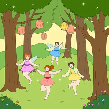 A lively fairy festival set in a lush green forest. Colorful lanterns are hanging from the branches of tall trees, illuminating the scene with warm, soft light. Several fairies are dancing joyfully beneath the trees, each wearing vibrant outfits in shades of pink, blue, yellow, and green. Their delicate wings shimmer as they move gracefully through the air. The ground is adorned with patches of colorful flowers and soft grass. In the background, sparkling lights twinkle, enhancing the enchanting atmosphere of the festival.