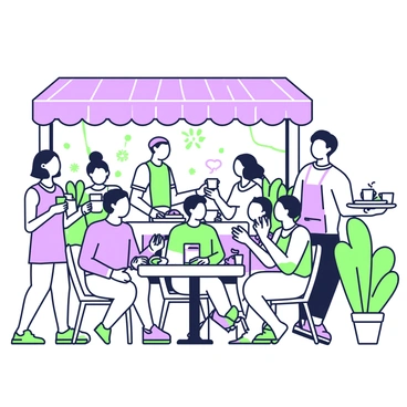 A bustling outdoor café scene is filled with people enjoying their time. In the foreground, a group of three friends is seated at a round table, each with a cup of coffee in hand. One person is laughing while another is gesturing animatedly. On the table, there are plates with various pastries, including a croissant and a slice of cake. Behind them, a waiter is carrying a tray with more coffee and pastries, moving towards another table. The café is surrounded by potted plants, and a vibrant awning provides shade over the seating area. A couple is walking past with takeout coffee cups, while other patrons are engaged in conversation and laughter at nearby tables.