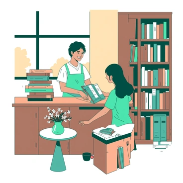 A teal bookstore owner with short hair is standing behind a wooden counter, organizing a stack of colorful books. The owner is smiling warmly at a customer who is browsing the shelves. The customer is a young woman with long brown hair, gently holding a book in her hands. The bookstore has tall wooden shelves filled with various book titles, and there is a small white table next to the counter featuring a teal vase with fresh flowers. Soft warm light filters through a large window, illuminating the cozy atmosphere of the store.