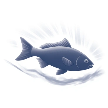 A black silhouette of a fish swimming gracefully against a light background. The fish is depicted mid-motion, with its fins extended. Above the fish, rays of sunlight penetrate the water surface, creating a series of lines that radiate downward. The water appears to ripple gently, adding texture around the fish's form. The overall composition highlights the contrast between the dark silhouette and the light streaming through the water.