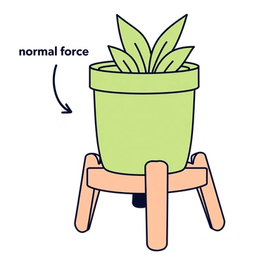 A flowerpot resting on a wooden stand, which is elevated off the ground. The flowerpot is round and ceramic, painted in a light green color with a glossy finish. Inside the pot, there is a vibrant plant with broad leaves. The stand is simple and made of light brown wood, featuring four legs that provide stability. An arrow labeled "normal force" is illustrated pointing upwards from the stand to the base of the flowerpot, depicting the support that the stand provides. The background is plain, focusing attention on the flowerpot and its stand.