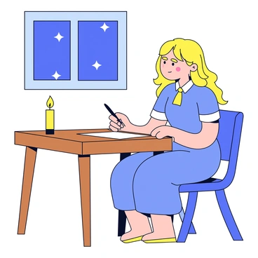 A young woman with long, flowing golden hair sits at a wooden desk. She is dressed in a simple, flowing dress that falls to her ankles. In front of her, there is a piece of parchment and a quill in her hand. The room is dimly lit by a flickering candle on the desk, casting soft shadows around her. The window behind her reveals a starry night sky. She is focused and intent as she writes, with a look of determination on her face.