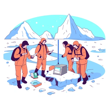 A group of scientists, dressed in bright orange and white winter gear, is carefully navigating a frozen landscape in Antarctica. They are equipped with various scientific instruments, including a blue ice core drill, a teal portable weather station, and an orange field notebook. Snow gently falls around them, creating a serene winter atmosphere. In the background, there are towering white icebergs and a vast expanse of glistening snow. One scientist is taking notes while another is examining a sample collected from the ice.