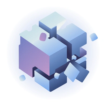 A cube is centrally positioned, displaying a unique structure that appears both whole and fragmented at the same time. The surface of the cube is a glossy gradient of deep blues and purples, emphasizing its geometric form. Various sections of the cube are seemingly floating away, creating an illusion of disconnection, while other parts remain intact. Sharp angles and smooth curves coexist seamlessly, and subtle highlights reflect light in a way that adds depth to its appearance. In the background, a soft gradient gently transitions from light to dark, enhancing the cube's striking visual effect.