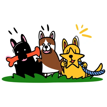 A playful Cerberus with three heads, each head with its own distinct expression of excitement. The left head has a shiny, black coat and is gnawing on a bright red rubber bone. The middle head, with a streaked brown and white coat, is chewing on a yellow star-shaped toy. The right head, featuring a golden coat, is busy with a blue rope toy. The ground is a soft green grass, and the sun shines down, illuminating the colorful chew toys and the Cerberus.