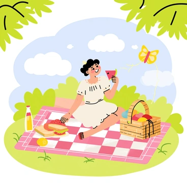 A girl wearing a light ruffle dress sits on a checkered picnic blanket spread on the grass. The picnic setting includes a wicker basket filled with various fruits, a sandwich, and a bottle of lemonade. Sunlight filters through the leaves of the surrounding trees, casting dappled shadows on the ground. Nearby, a kite in the shape of a colorful butterfly flutters in the gentle breeze. The girl has a joyful expression as she reaches for a slice of watermelon, with a bright blue sky above her dotted with fluffy white clouds.
