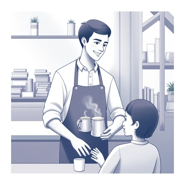 A young man with short black hair, wearing a white shirt and a black apron, is standing behind a wooden counter at a café. He is smiling warmly as he pours coffee from a steaming pot into a white cup. The café has a cozy atmosphere with shelves lined with books and small plants on the counter. There is a customer sitting at a table in front of him, looking pleased as they receive the coffee. The background includes rustic decor elements such as wooden beams and soft lighting.