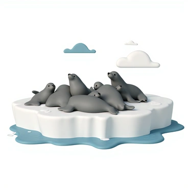 A nursery of seal pups and their mothers resting on a large ice shelf. The scene features several fluffy gray seal pups, some playfully curled up near their mothers, who have sleek, dark fur and alert expressions. The ice shelf is textured and cracked, with a few patches of snow scattered across its surface. In the background, gentle waves lap against the base of the ice, and a clear blue sky is visible above, with a few wispy clouds drifting by. The overall atmosphere conveys a sense of warmth and tranquility as the seals relax in their snowy habitat.