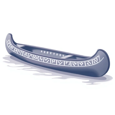 A detailed canoe with a sleek design. The canoe features traditional patterns engraved onto its surface, showcasing intricate geometric shapes and symbols. The craftsmanship is evident in the fine lines and curves that define the canoe's structure. It is positioned on calm waters, highlighting its graceful form. The background is simple, allowing the canoe's detail to stand out prominently.
