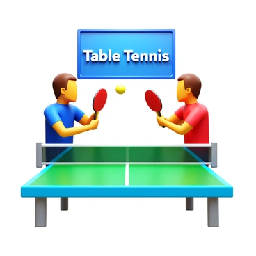 A dynamic scene featuring two para table tennis players engaged in an intense rally. One player, wearing a blue jersey and focused expression, is poised to hit the ball, while the other player, dressed in a red jersey, is in mid-motion ready to return the shot. The table is set with a vibrant green surface, and a table tennis ball is captured in the air between them. The players are in a sports hall with bright lighting illuminating their determined faces and the excitement of the match. "Table Tennis" is displayed prominently on a scoreboard in the background.