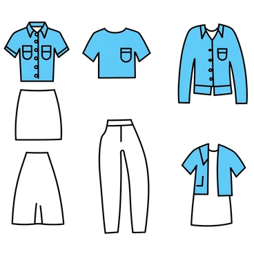 A collection of denim blouses displayed in a minimalistic layout, featuring various styles such as a classic button-up, a cropped denim top, and a long-sleeve oversized blouse. Each blouse is detailed with elements like pockets, stitching, and unique collars. Alongside the blouses, there are sketches of fashionable outfits incorporating the denim designs. The outfits include a high-waisted skirt paired with a button-up blouse, loose-fitting trousers matched with a cropped top, and a layered look with an oversized blouse and a fitted dress beneath. The sketches emphasize fluid lines and the overall silhouette of the outfits.