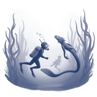 A diver is exploring an underwater kelp forest. The diver is wearing a wetsuit and a mask, with bubbles rising around them as they swim. Beneath the surface, towering strands of kelp sway gently in the water. Among the kelp, a mystical sea dragon can be seen. The dragon has a long, serpentine body with intricate scales and flowing fins that blend into the surrounding greenery. Its eyes are large and expressive, hinting at a curious nature. The soft play of light filters through the water, casting shadows among the plants and illuminating the scene with a magical ambiance.