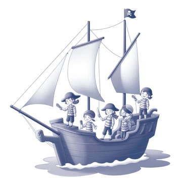A group of cheerful children dressed as pirates, each wearing various pirate attire including hats, eye patches, and striped shirts, stand on the deck of a pirate ship. The ship features a tall mast with a billowing sail and a colorful flag waving at the top. The children are engaged in playful activities, with some pretending to steer the ship while others hold toy swords and look out for imaginary treasure. The ship is adorned with details like a carved figurehead and ropes dangling from the railing. The ocean waves can be seen gently rocking the ship, creating a lively scene filled with adventure.