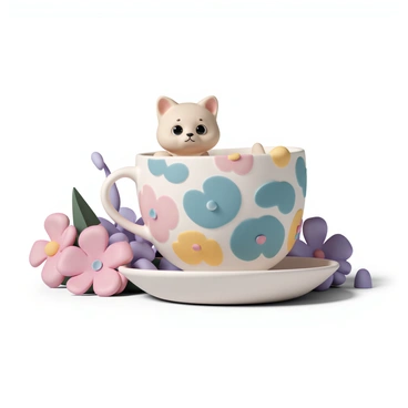 A tiny cat with large, round eyes and a small, rounded body, peeking out from a large, intricately patterned teacup. The teacup features colorful floral designs, with shades of blue, pink, and yellow. The cat has soft, fluffy fur in a light cream color, with tiny ears and a small nose. Surrounding the teacup are vibrant flowers in various colors, including pink and purple blossoms, creating a lively and colorful scene. The flowers are lush and detailed, adding depth to the overall composition.