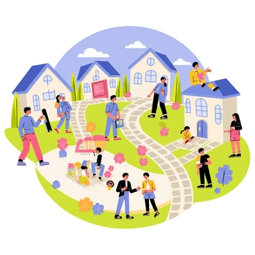 A digital village scene showcasing a variety of colorful avatars interacting with each other. The village features quaint houses with pixelated rooftops, vibrant gardens filled with oversized flowers, and a central plaza where avatars are gathered. Some avatars are engaged in conversations, while others are exchanging items or playing games. A clear blue sky is visible overhead, with fluffy white clouds drifting by. Pathways made of cobblestones connect different areas of the village, creating a lively and inviting atmosphere.