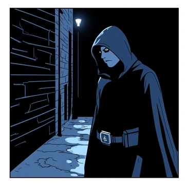 A dark alleyway is lined with wet cobblestones reflecting faint light. The walls are made of aged brick, showing signs of wear and neglect. In the shadows, a mysterious vigilante is partially obscured, wearing a hooded cloak that blends into the darkness. The vigilante's eyes are narrowed and focused, scanning the surroundings for any signs of trouble. A faint glimmer of a metallic gadget is visible at their waist. The atmosphere is tense, and the only source of light is a flickering street lamp casting a dim glow at the entrance of the alleyway.