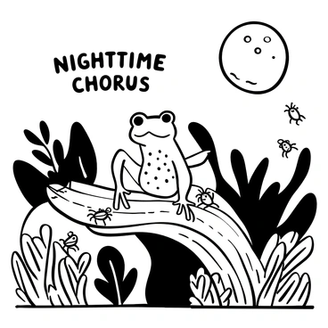 A tree frog sitting on a thick, textured branch, blending into the surroundings with its bumpy skin. Surrounding the frog, several crickets are perched on nearby leaves and grass, their bodies small and detailed. The scene is illuminated by the pale light of a full moon shining down, casting shadows on the foliage. The background features soft silhouettes of trees and bushes, enhancing the nighttime atmosphere. The words "Nighttime Chorus" are displayed above the frog and crickets, capturing the essence of the scene.