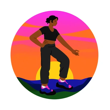 A silhouette of a person performing a quadriceps stretch, standing on one leg while pulling the other heel towards their glute. The figure is positioned against a vibrant sunset sky filled with shades of orange, pink, and purple. The sky is layered with wispy clouds that catch the colorful tones, creating a dramatic backdrop. The landscape below is simple and unobtrusive, ensuring the focus remains on the silhouetted figure and the rich colors of the sunset.