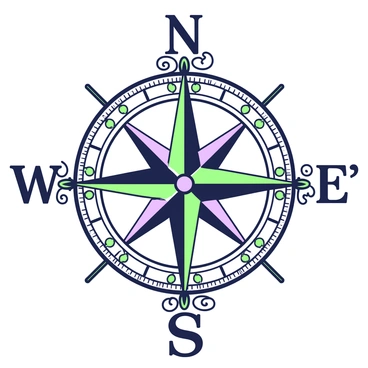 A vintage compass rose is prominently displayed at the center of the image. The design features intricate ornate details, including swirling patterns and decorative elements around the edges. Each of the cardinal directions is marked clearly, with "N" at the top, "E" to the right, "S" at the bottom, and "W" to the left. The compass rose has several smaller markings indicating intermediate directions, all elegantly designed. The overall composition has a textured appearance, suggesting the depth and craftsmanship typical of a classic engraving.