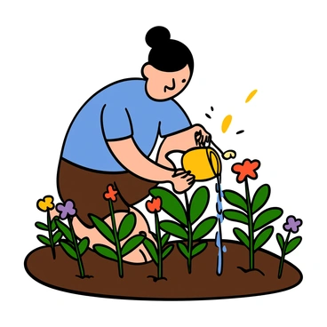 A gardener using a sponge to gently water plants in a small, lush garden.
