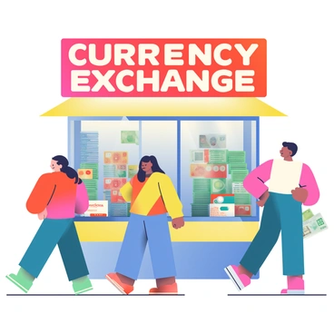 A vibrant currency exchange booth is situated in a bustling area. The booth is painted in bright colors, featuring a large sign that reads "Currency Exchange" in bold, eye-catching letters. Behind the glass counter, there are stacks of colorful banknotes from various countries, showcasing a spectrum of hues including green, blue, red, and yellow. Each banknote is distinct, reflecting different designs and currencies. On the counter, there are small currency exchange rate cards displayed prominently, and a friendly employee with dark hair is assisting a customer. The atmosphere is lively, with people passing by and engaging in transactions.