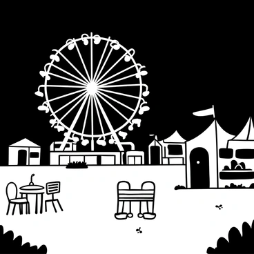 A deserted carnival scene at night features a large Ferris wheel illuminated with bright lights, casting intricate shadows. Various carnival games and stalls stand empty, with some having their signage drooping. There are scattered chairs and tables, creating a sense of abandonment. The ground is uneven with patches of grass and dirt visible, while the distant silhouette of a merry-go-round is partially obscured in the darkness.