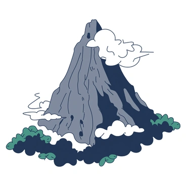 A towering mountain rises prominently, its peak lost in a swirl of white mist. The rocky surface of the mountain is rugged and steep, showcasing various shades of gray and brown. Surrounding the base of the mountain, patches of dark green foliage peek through the mist, hinting at the lush vegetation that thrives in the area. Wispy clouds hover closely, enveloping some parts of the mountain and adding to its aura of mystery. The overall scene is dramatic, evoking a sense of wonder and intrigue about the mountain's hidden secrets.