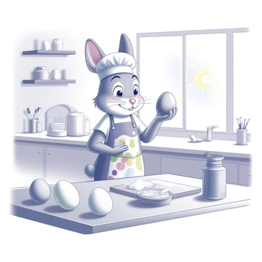A bunny wearing a chef's hat is standing behind a kitchen counter. The bunny is holding a decorated Easter egg in one paw while gesturing towards a table filled with various art supplies, such as brushes, paints, and glitter. In front of the bunny, several plain eggs are arranged, ready to be decorated. The bunny's apron features playful patterns related to Easter, and a few completed eggs are displayed on the counter. Bright studio lights illuminate the scene, enhancing the focus on the bunny and its crafting demonstration. The background includes kitchen features like shelves filled with cooking utensils and a large window showing a sunny day outside.
